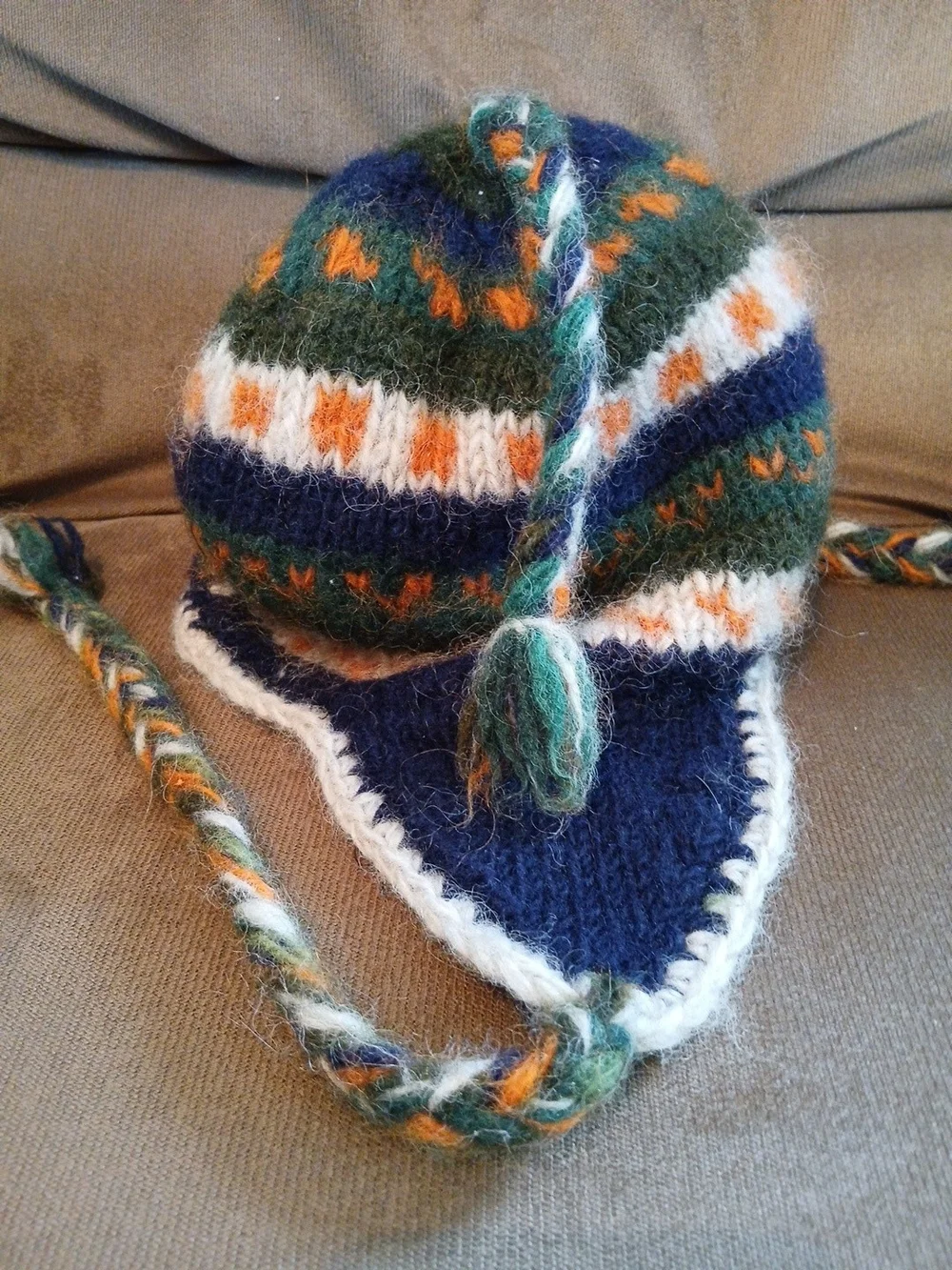 Hand-Knit Multicolor Wool Earflap Hat - Green, Navy & Orange With Braided Tassel